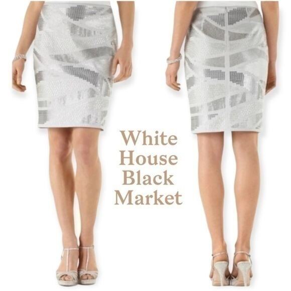 White House Black Market Metallic Silver Sequined Disco Glam Skirt NWOT Size 00 - Picture 1 of 11